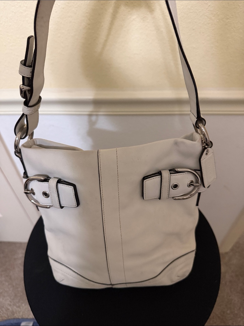 Coach White Leather Soho Shoulder Bag with Silver Buckle Accents